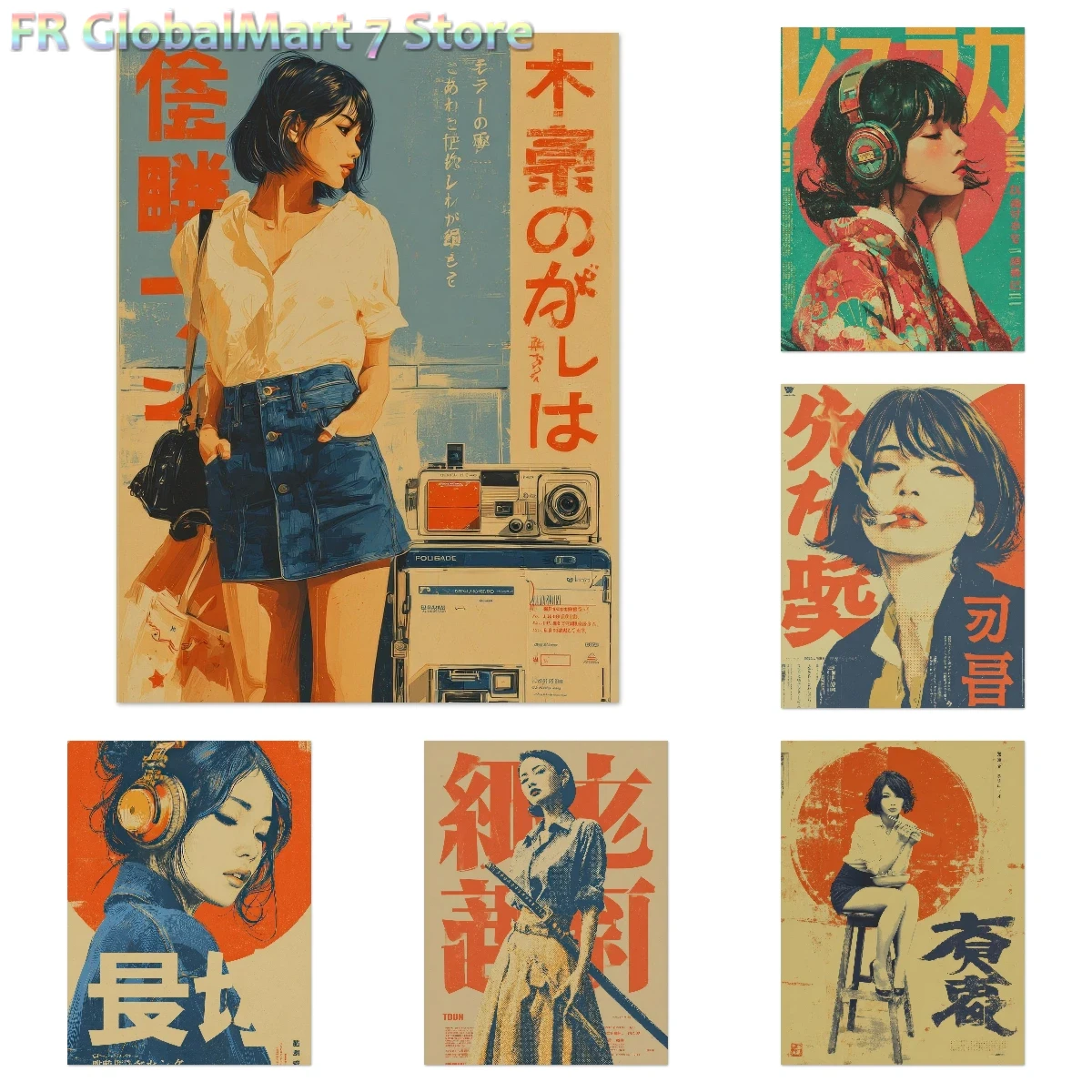Resin Art Wallpaper - ダイヤモンドペイント風、レトロな日本の夏の少女ポスター – レトロサイバーパンクアニメの壁掛けアートプリント、フレームなし、日本のヴィンテージポスター