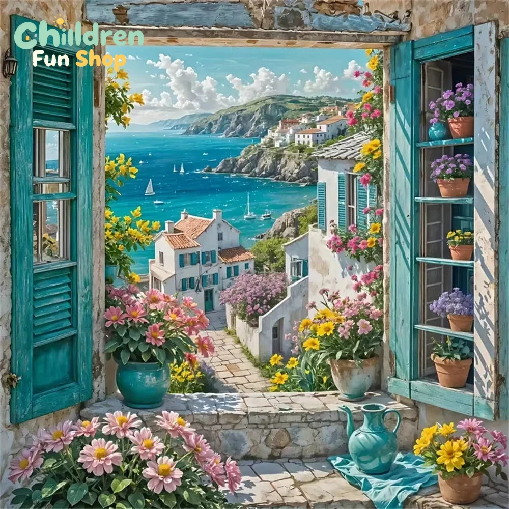Resin Art Wallpaper - DIYブルーの窓辺に咲く花々、海岸の村、海の景色を描いたダイヤモンドペイント。リビングや寝室の壁の装飾に。フレームなし。
