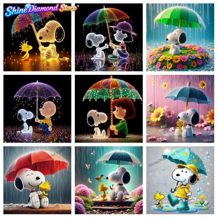 Resin Art Wallpaper - 雨の日のスヌーピー、ウッドストック、漫画風のフルドリルダイヤモンドペイント、大人向けの5D DIYモザイクアート、かわいい犬の絵で部屋の壁を飾り、プレゼントにも最適。