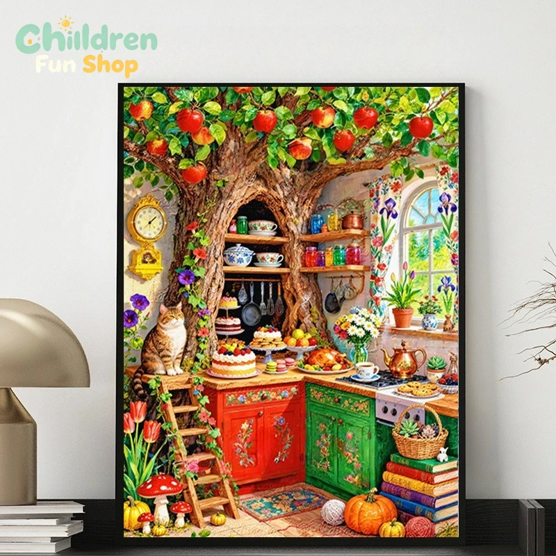 Resin Art Wallpaper - 猫と料理がテーマの、おもしろい木のくり抜き模様のキッチン。DIYダイヤモンドペイントモザイクアート、DIYダイヤモンドアートクラフト、壁飾り、上品なギフト。